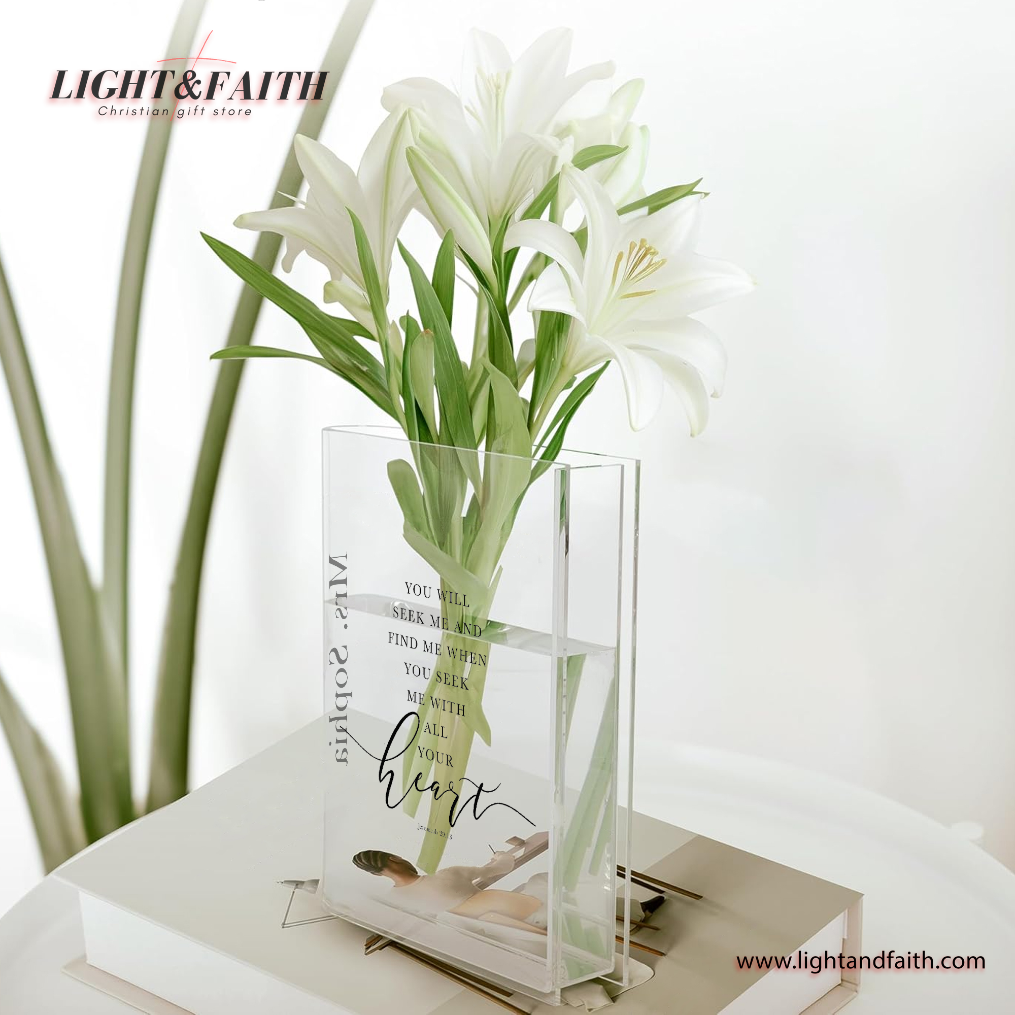 You Will Seek Me And Find Me When You Seek Me With All Your Heart, Jeremiah 29:13, Christian Book Vase, Faith Book Vase, Bible Verse Book Shaped Flower Vase